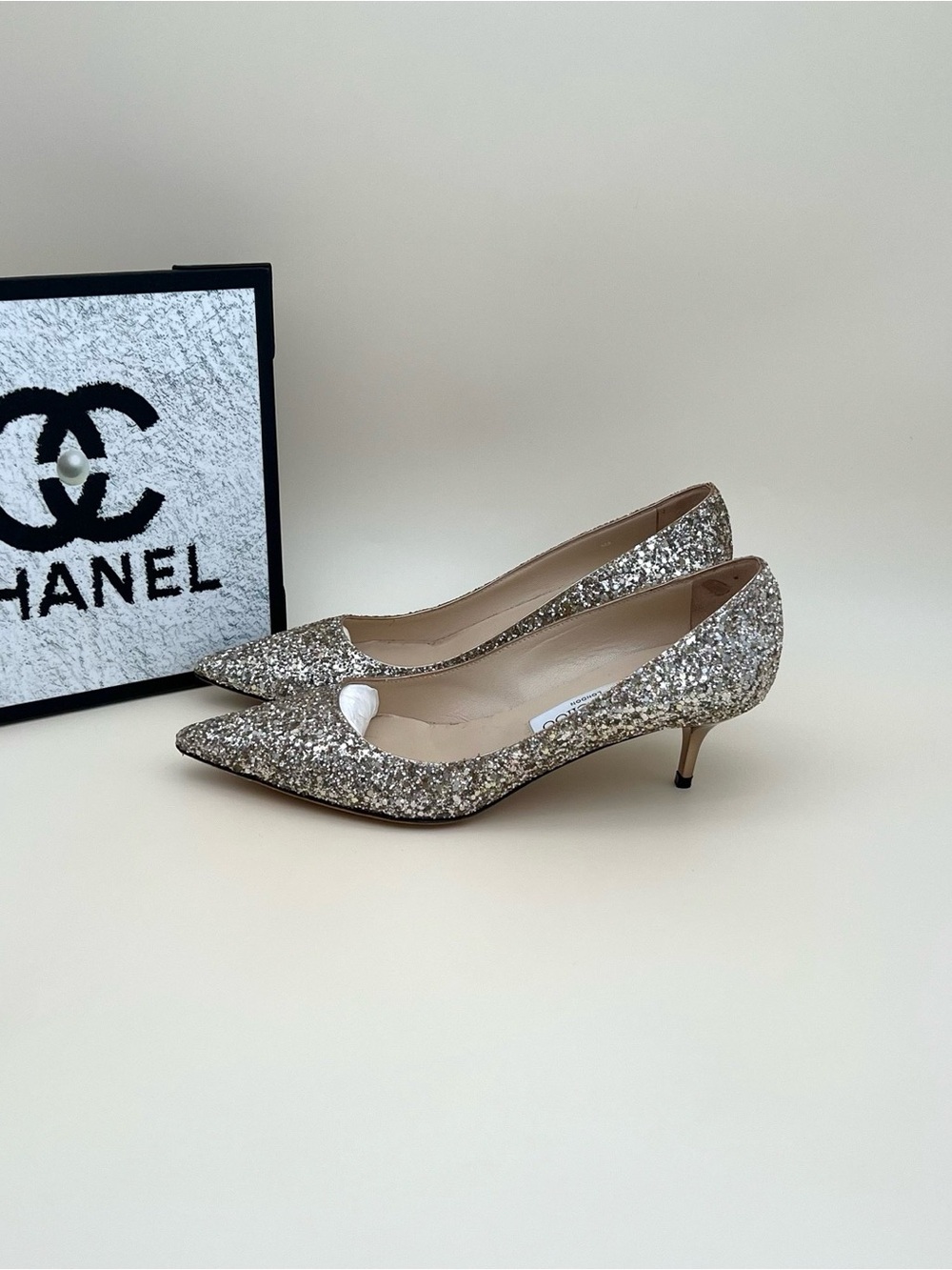 Jimmy Choo Silver Glitter Pointed-Toe Kitten Heel Pumps